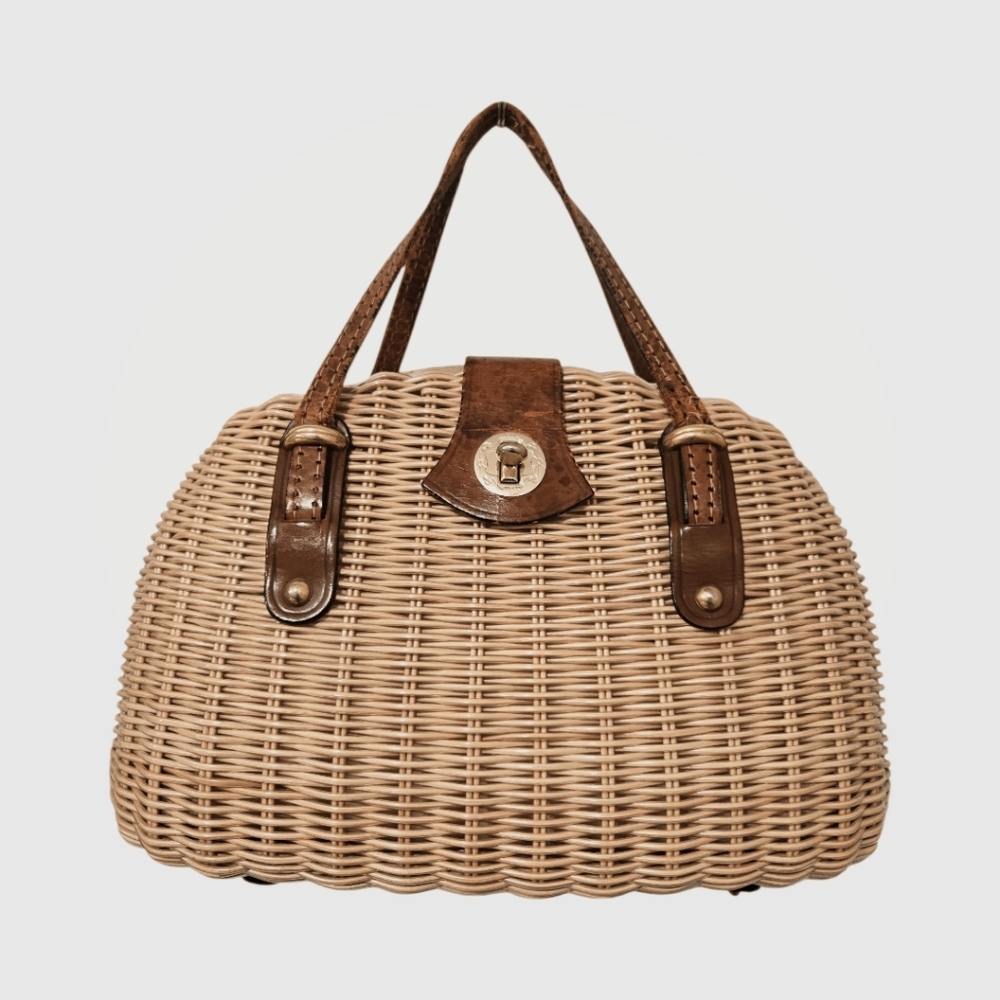 Vintage 50s 60s Wicker Handbag Purse Structured Leather Trim & Turn Lock Closure